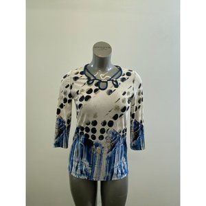 Modes Crystal Women's Three Keyhole Round Neck Blouse Size XS White Black Blue P